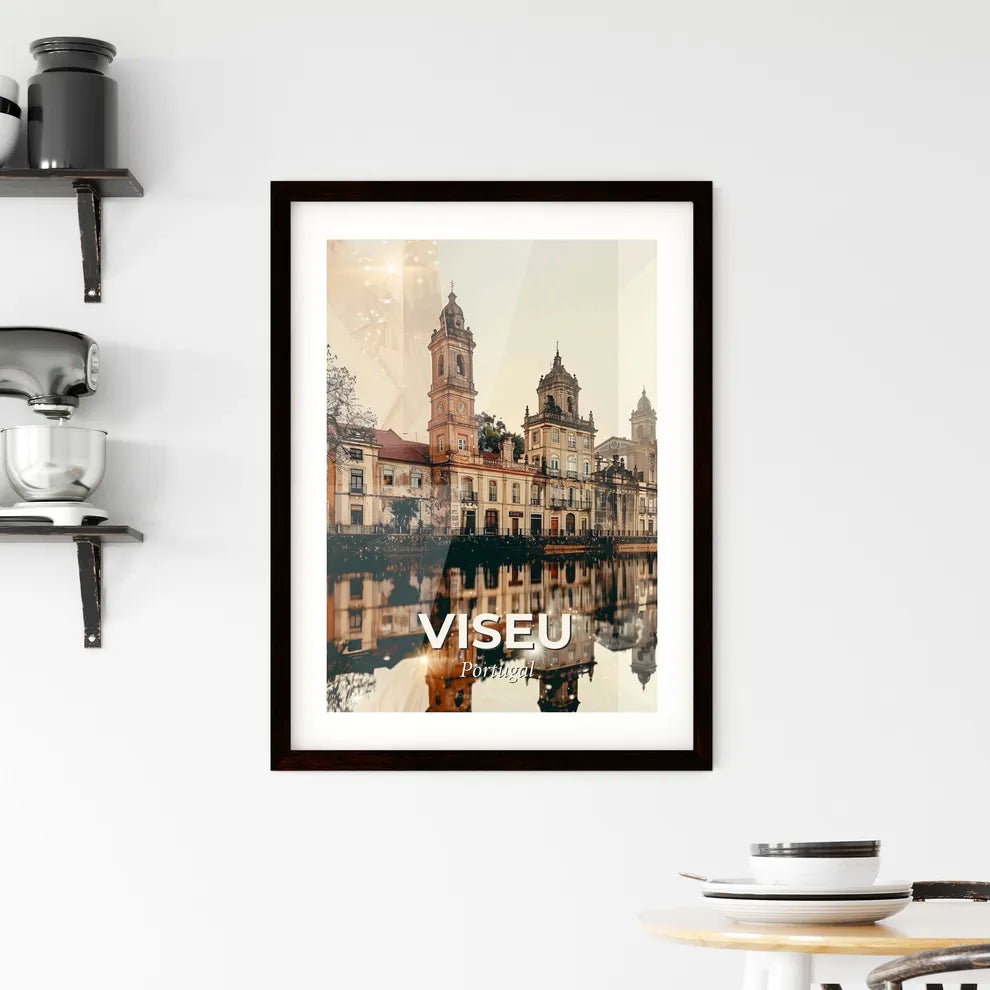 Viseu Skyline Composite Art: Local Icons, Beige Backdrop, Bright Details - A building with towers and a body of water Custom Print