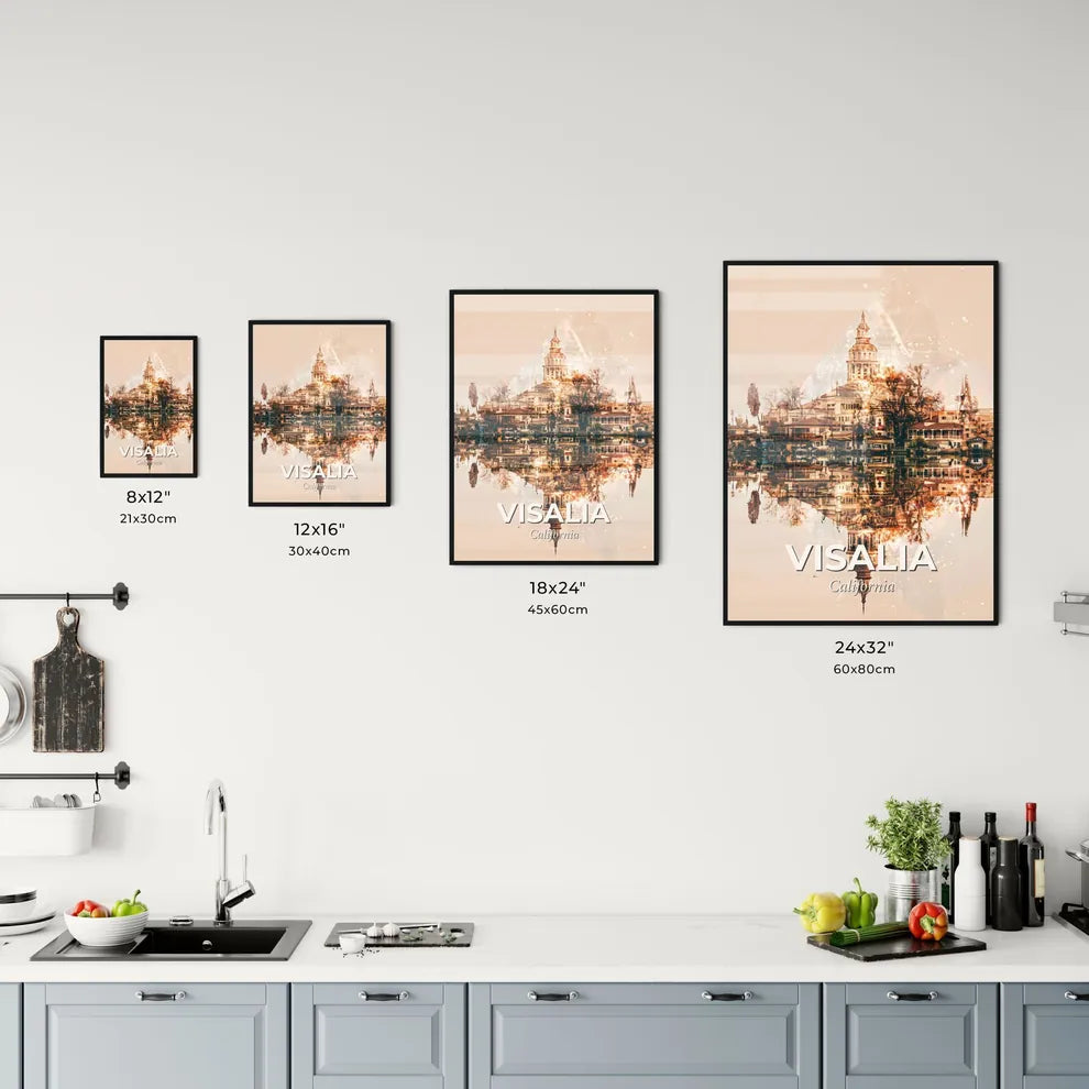 Visalia Skyline Double Exposure Art Poster - A city with a building reflected in water Size Chart