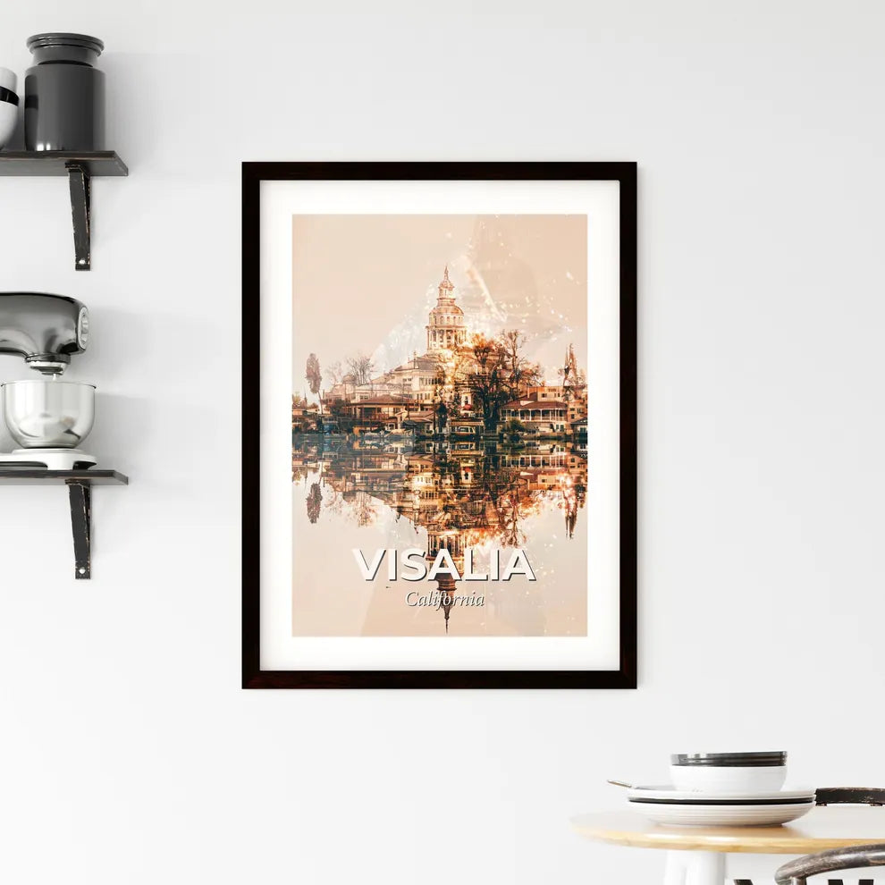 Visalia Skyline Double Exposure Art Poster - A city with a building reflected in water Custom Print