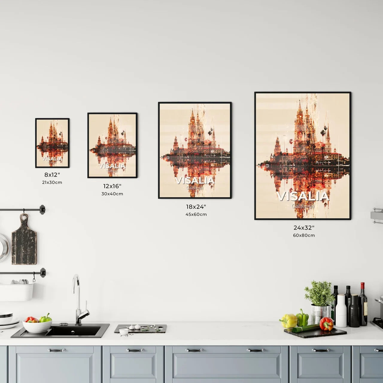 Visalia Cityscape Skyline Art Panorama - A castle with towers and lights reflected in water Size Chart