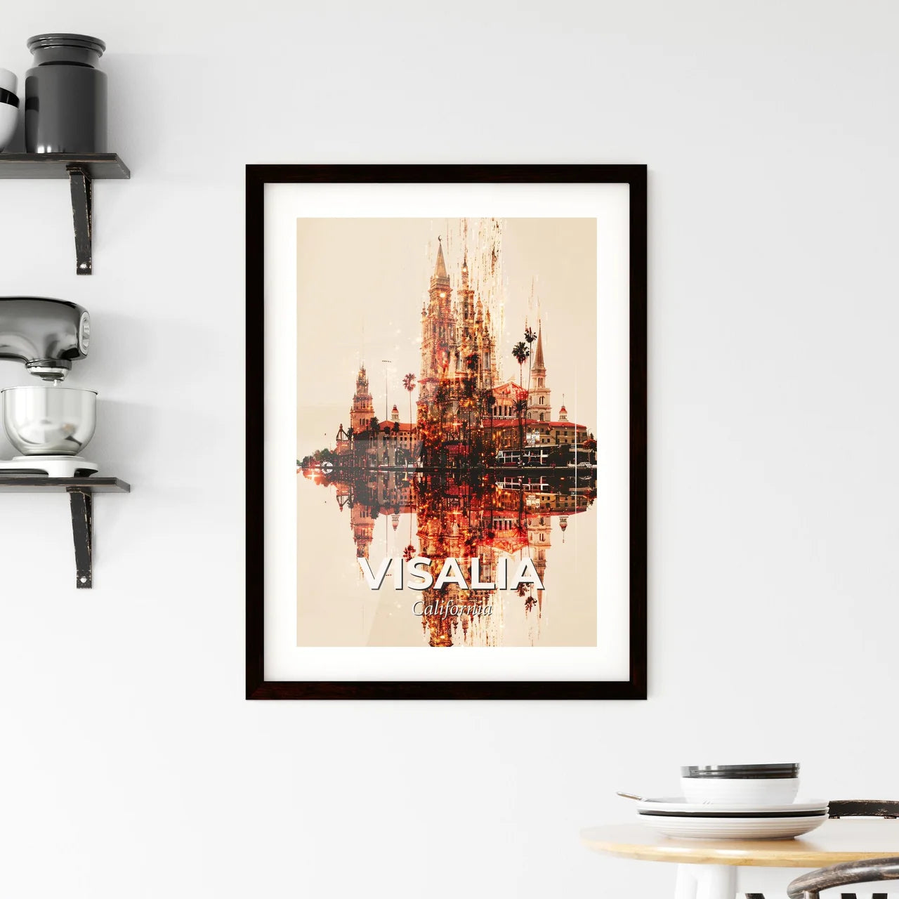 Visalia Cityscape Skyline Art Panorama - A castle with towers and lights reflected in water Custom Print