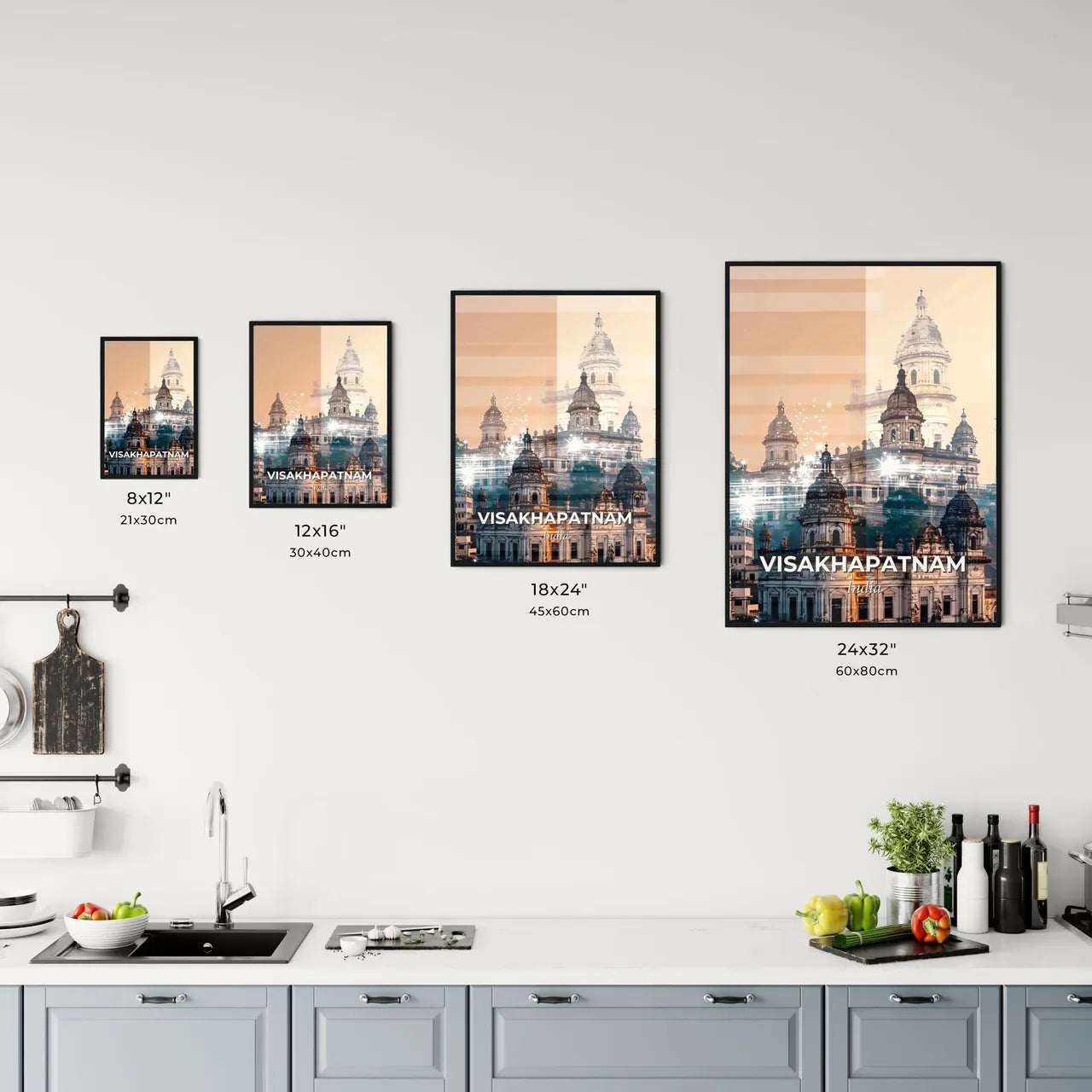 Visakhapatnam Skyline Double Exposure Composite Art Poster - A building with a tower Size Chart