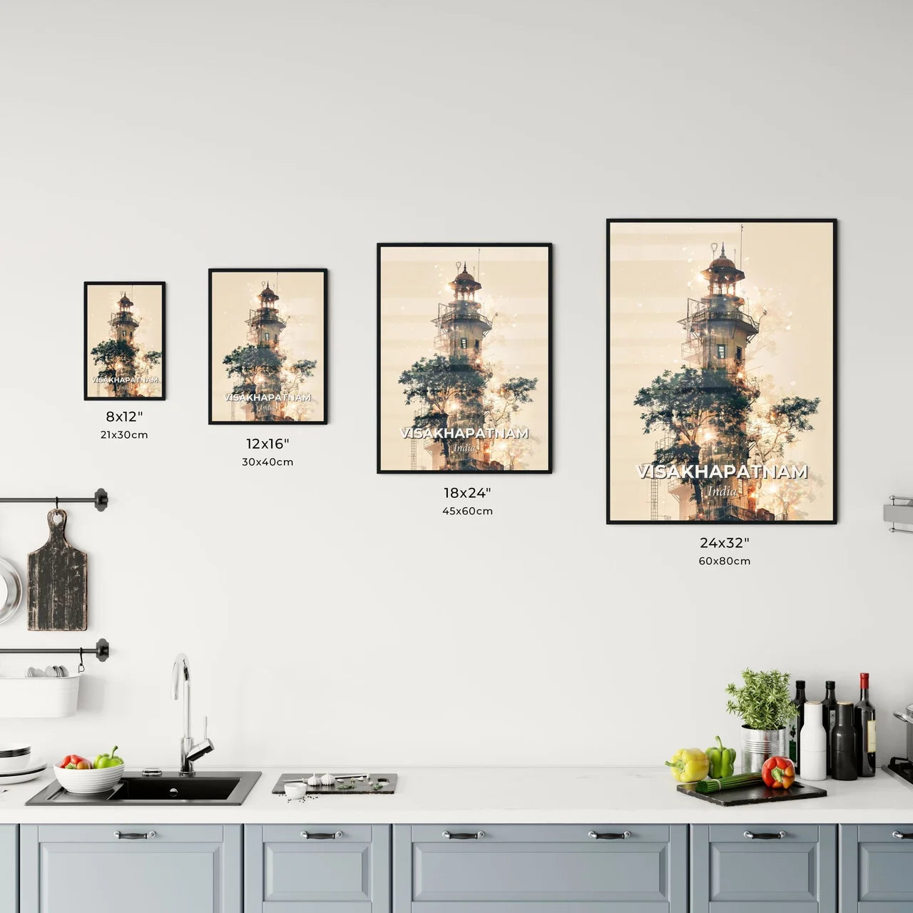 Visakhapatnam Skyline Double Exposure Art - A tower with a tree Size Chart