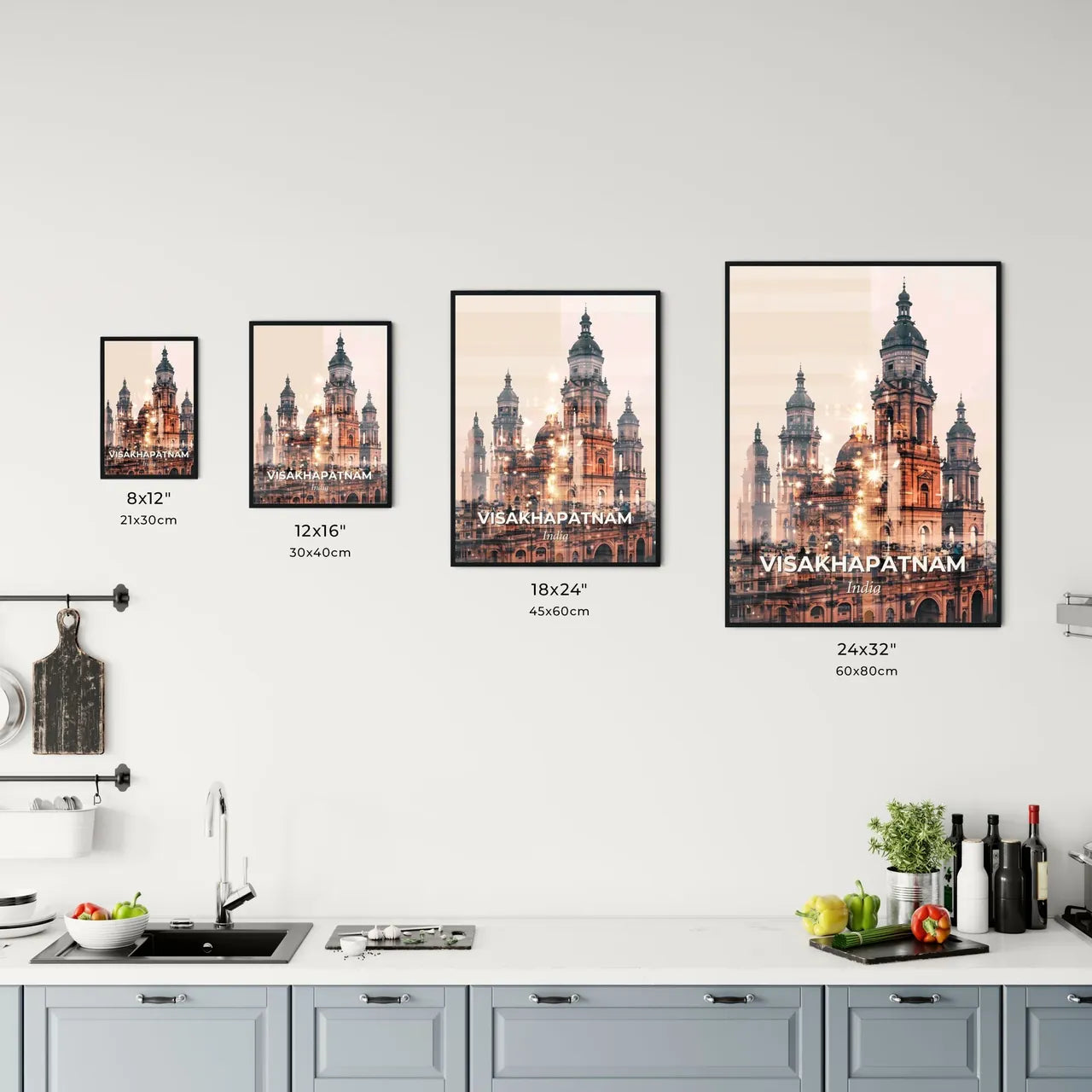 Visakhapatnam India Skyline Art Poster - A large building with towers and a city in the background Size Chart