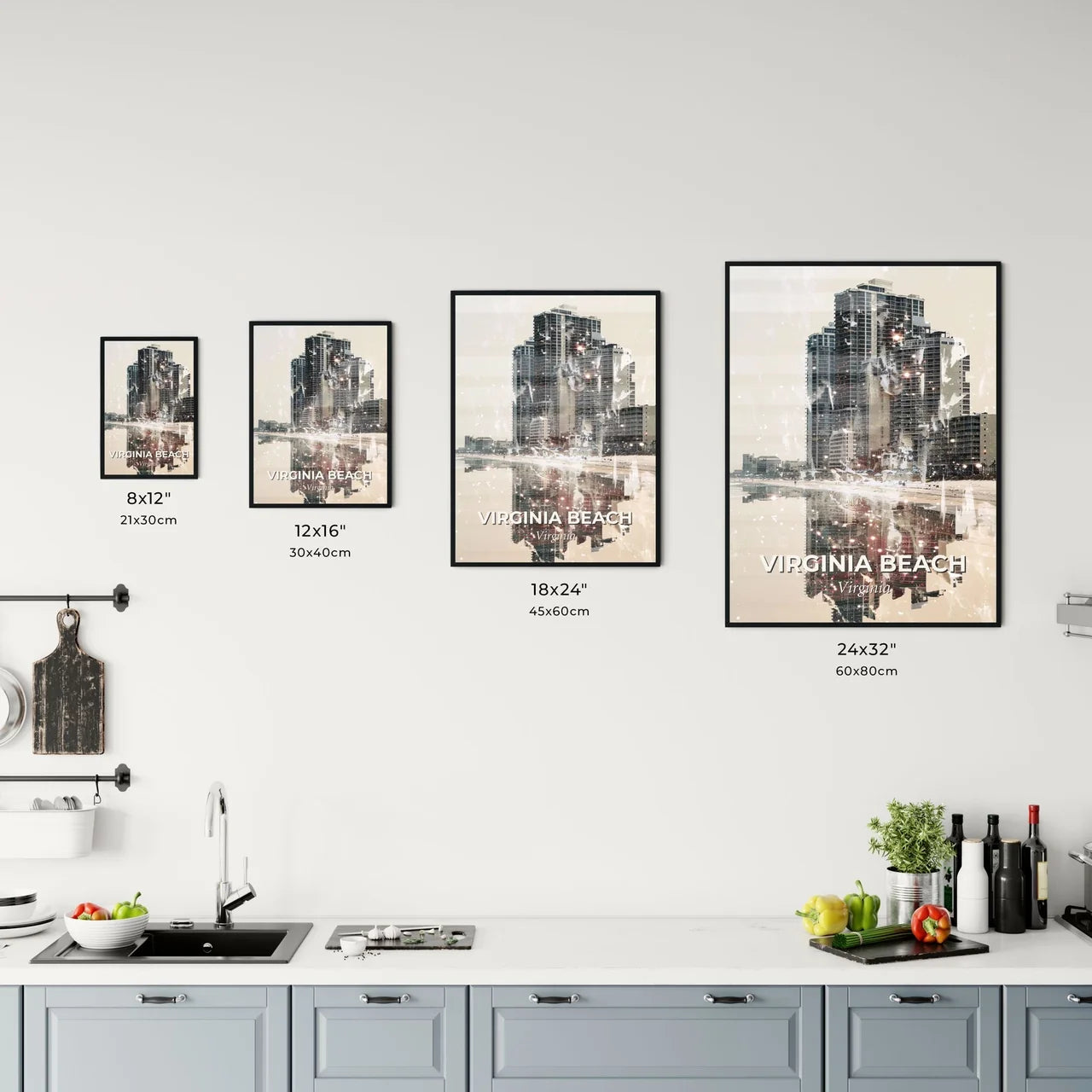 Virginia Beach Cityscape Poster with Local Icons and Sparkles - A reflection of a building on a beach Size Chart