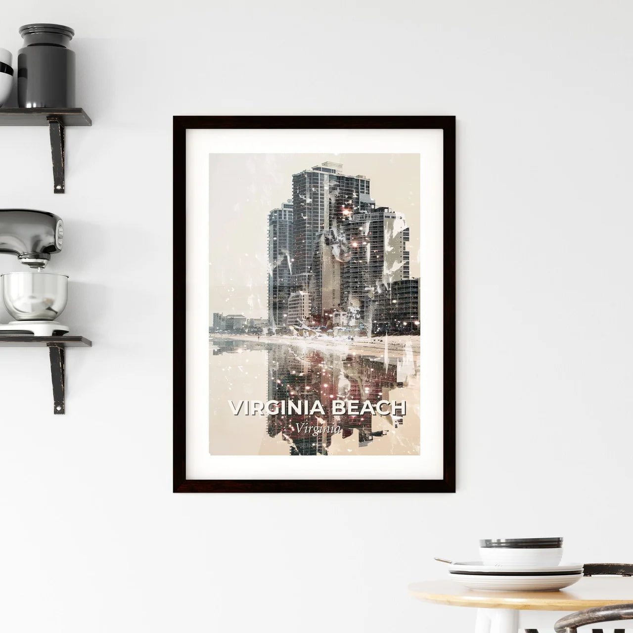 Virginia Beach Cityscape Poster with Local Icons and Sparkles - A reflection of a building on a beach Custom Print