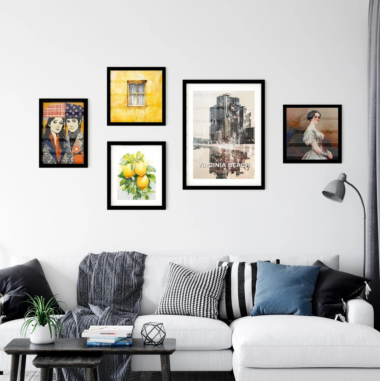 Virginia Beach Cityscape Poster with Local Icons and Sparkles - A reflection of a building on a beach Interior Design