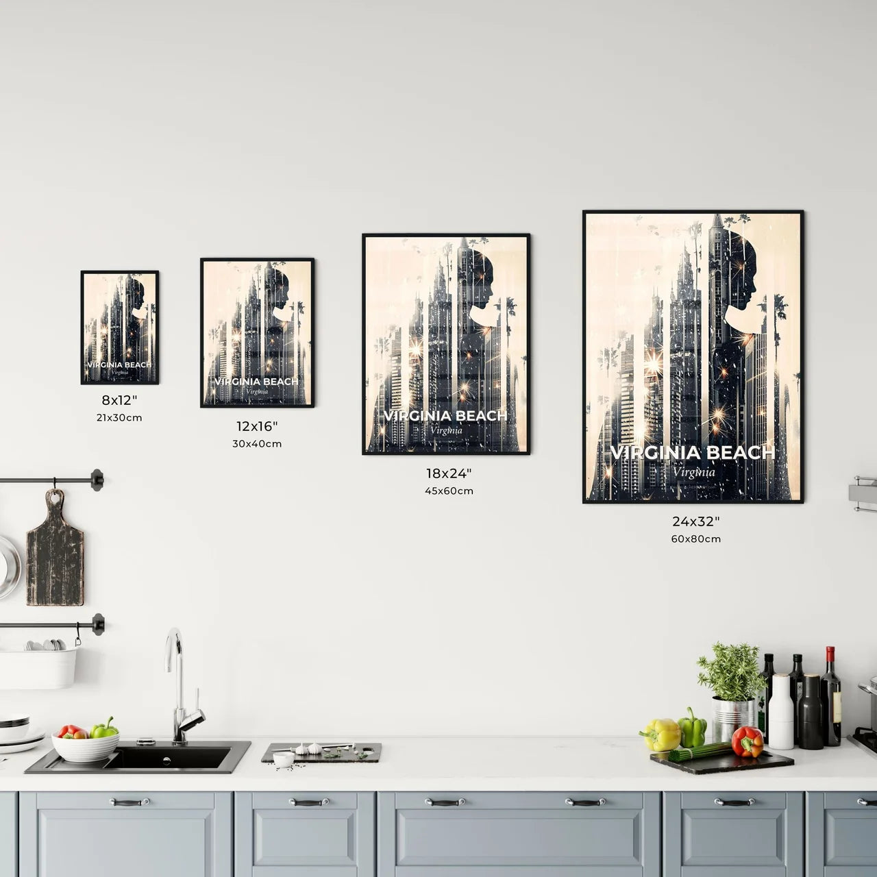 Virginia Beach Skyline Composite Art Masterpiece - A woman in a city Size Chart