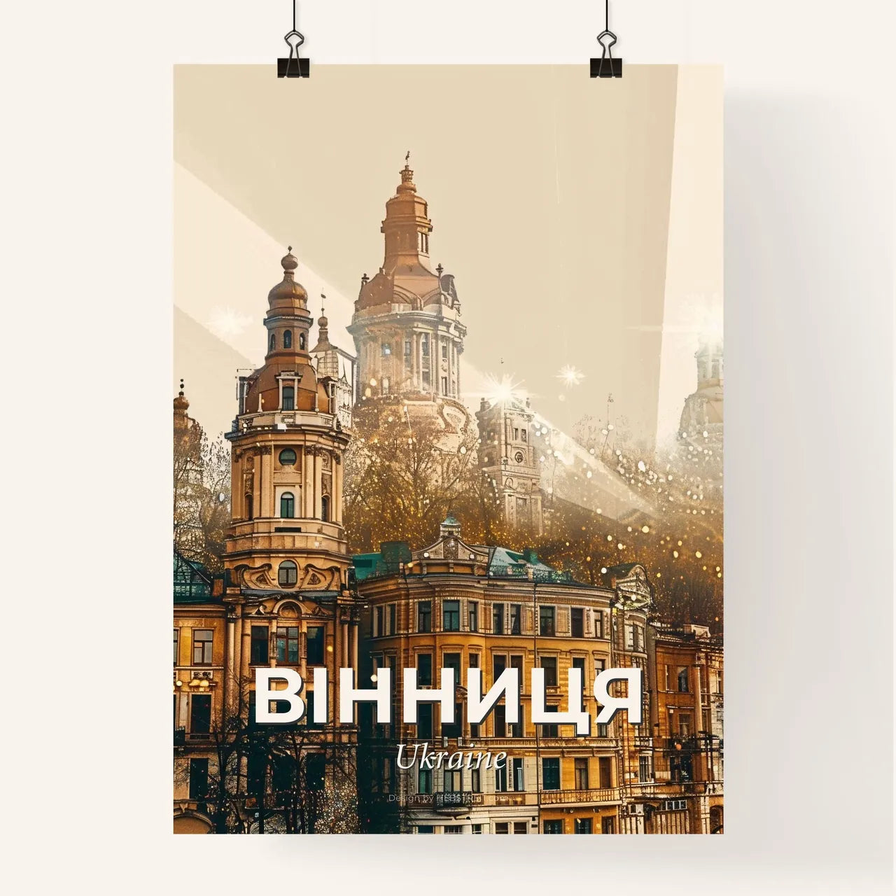 Vinnytsia Cityscape Art: Beige, Sparkles, Icons - A group of buildings with many towers Poster