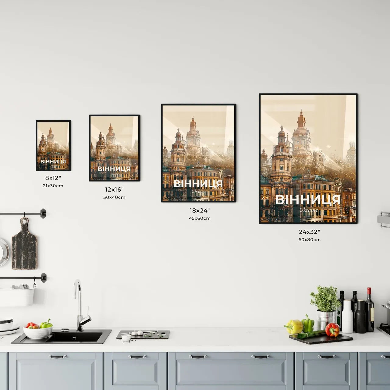 Vinnytsia Cityscape Art: Beige, Sparkles, Icons - A group of buildings with many towers Size Chart