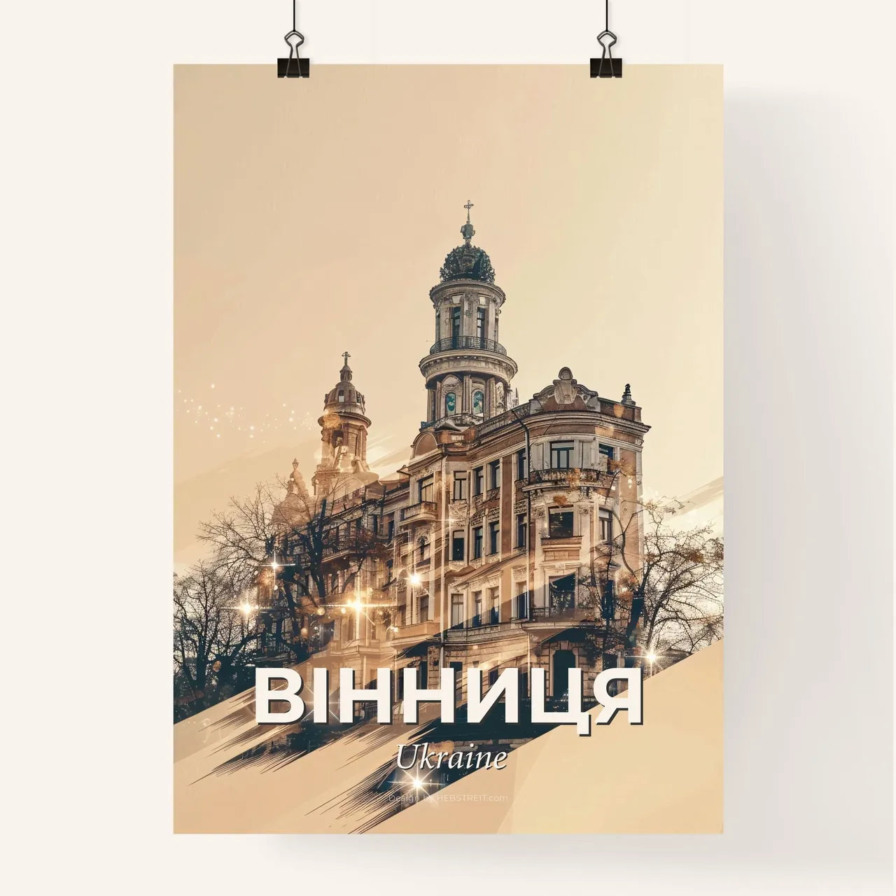 Vinnytsia City Icons Art Poster Skyline - A building with a tower and trees Poster