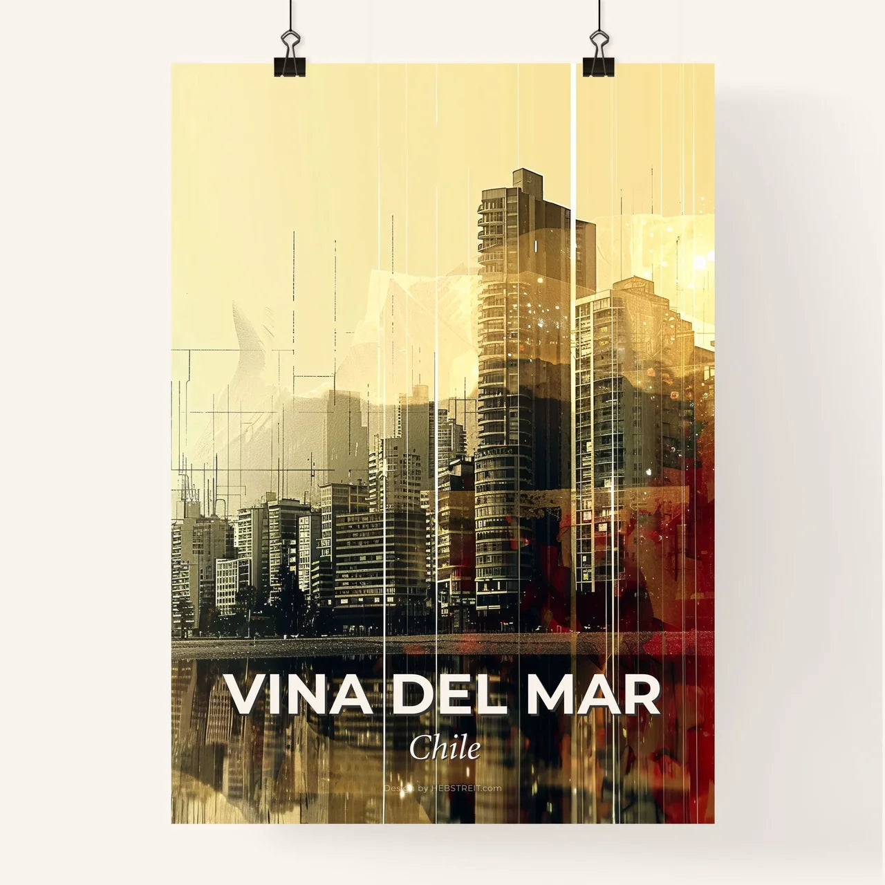 Vina del Mar Skyline Double Exposure Art Poster - A city skyline with water and a person's hand Poster