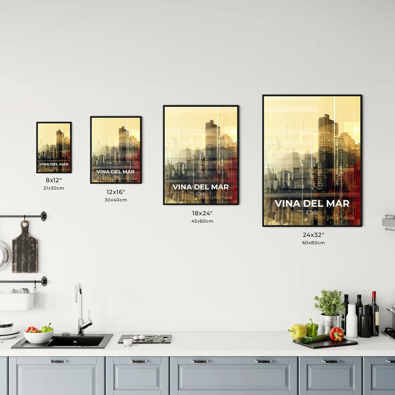 Vina del Mar Skyline Double Exposure Art Poster - A city skyline with water and a person's hand Size Chart
