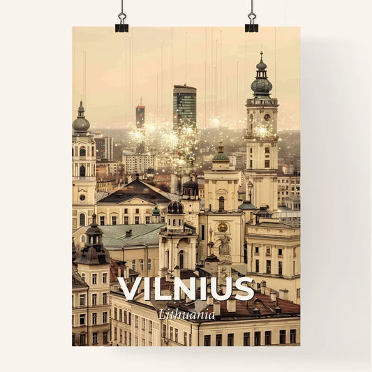 Vilnius Skyline Double Exposure City Art Poster - A large white building with towers and towers with a city in the background Poster
