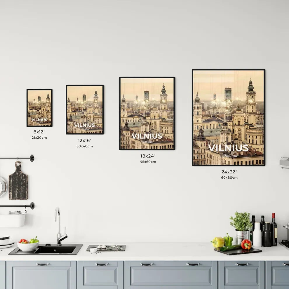 Vilnius Skyline Double Exposure City Art Poster - A large white building with towers and towers with a city in the background Size Chart