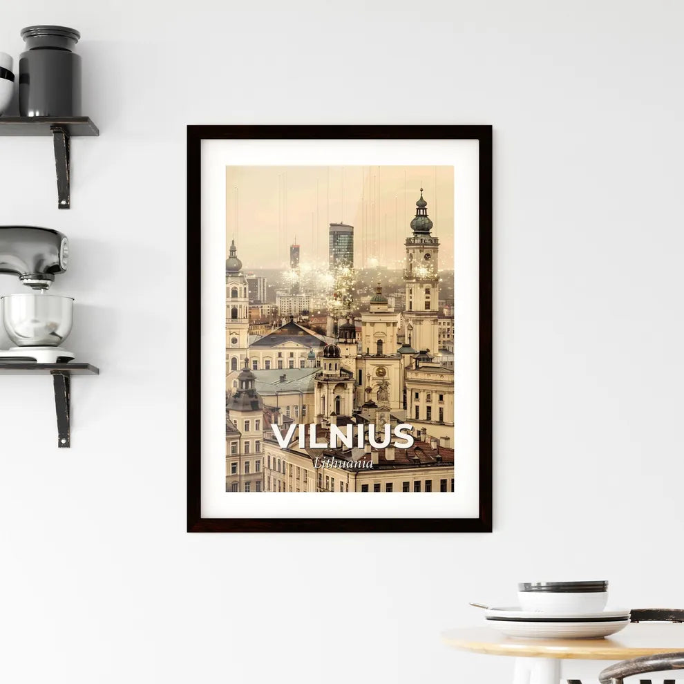 Vilnius Skyline Double Exposure City Art Poster - A large white building with towers and towers with a city in the background Custom Print