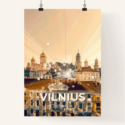 Vilnius Skyline Double Exposure Poster Art - A group of buildings with a fireworks in the background Poster