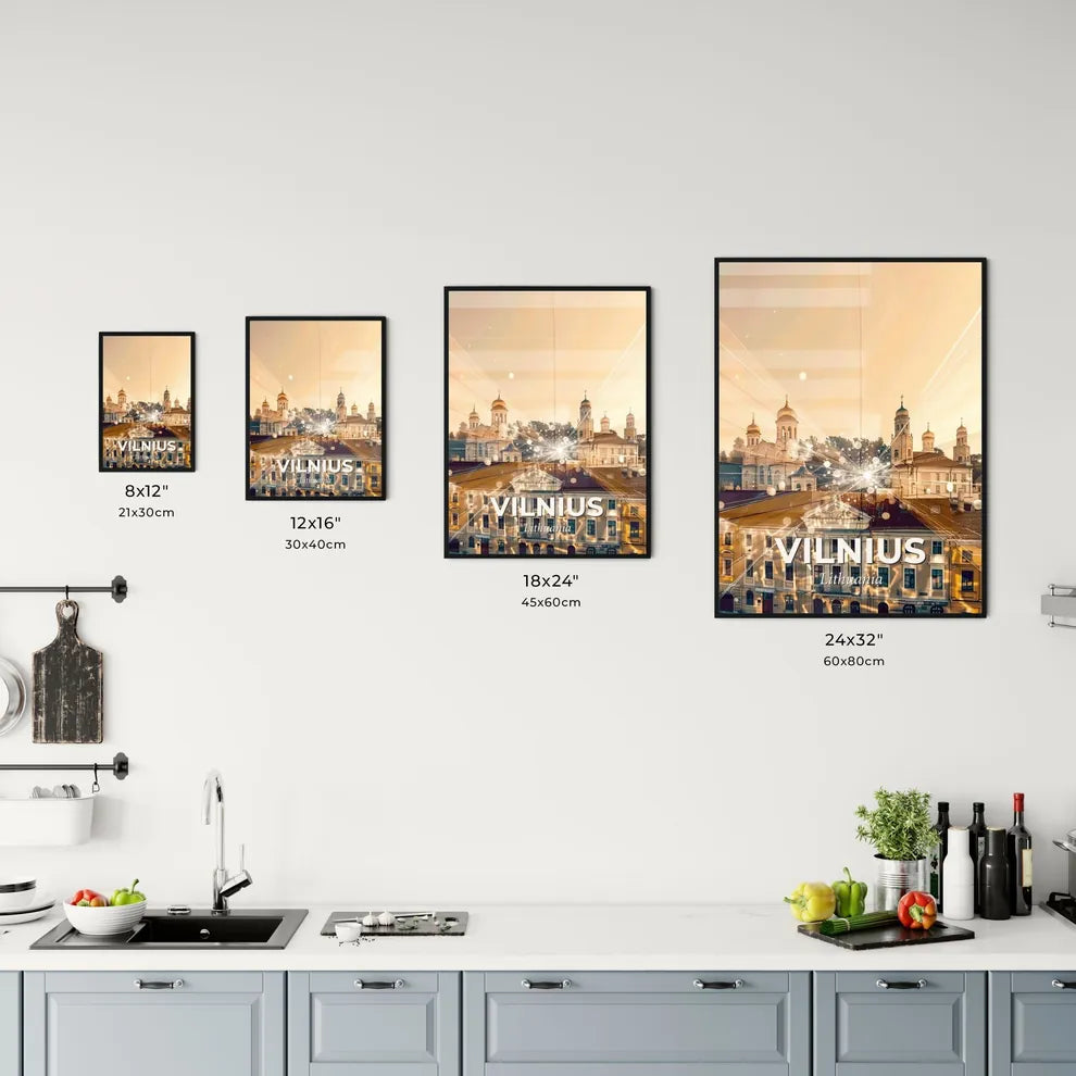 Vilnius Skyline Double Exposure Poster Art - A group of buildings with a fireworks in the background Size Chart