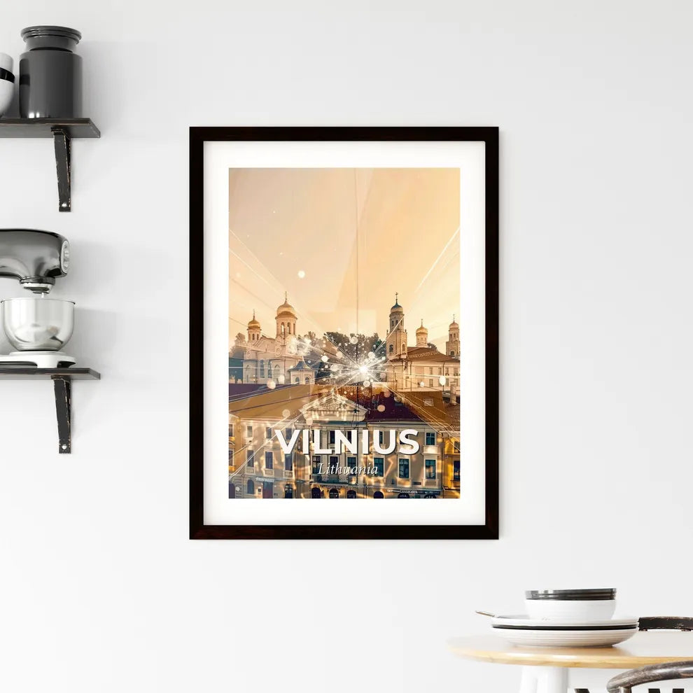 Vilnius Skyline Double Exposure Poster Art - A group of buildings with a fireworks in the background Custom Print