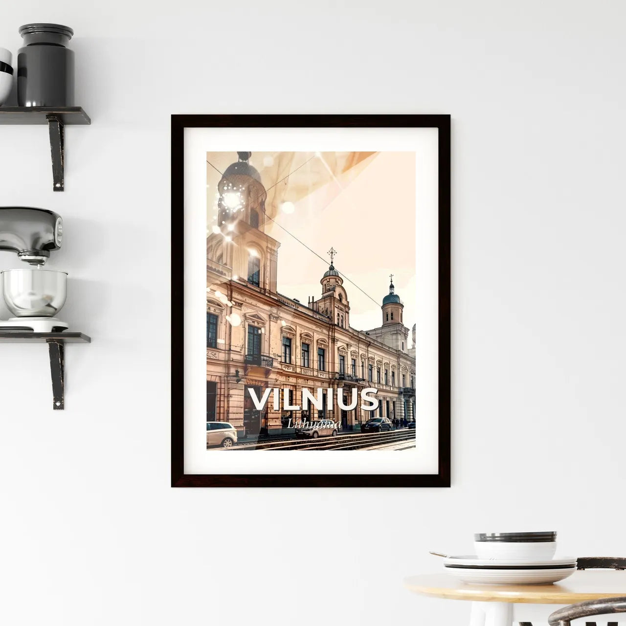 Vilnius Cityscape Composite Art: Historical Meets Modern - A building with cars parked on the side Custom Print