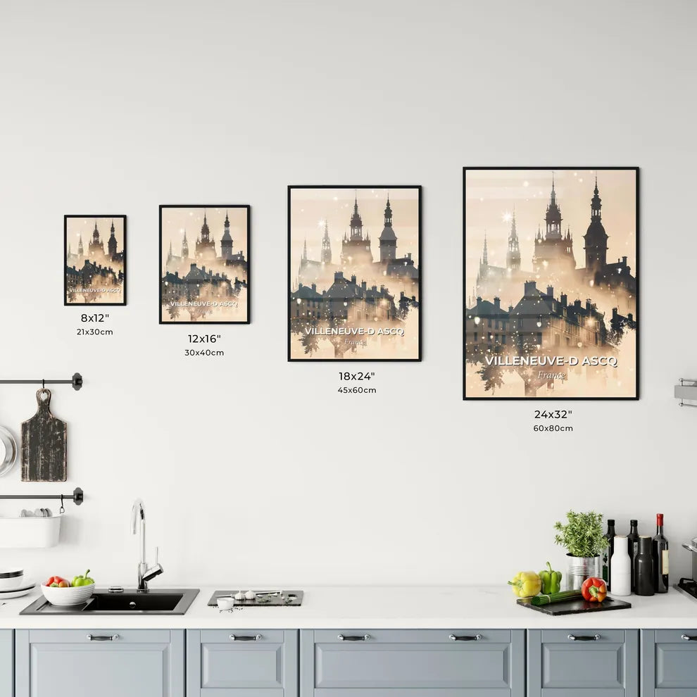 Villeneuve-d Ascq Skyline Double Exposure Art - A building with towers and spires Size Chart