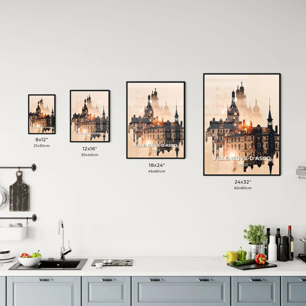 Villeneuve-d Ascq France Skyline Bright Poster Design - A building with towers and a dome Size Chart