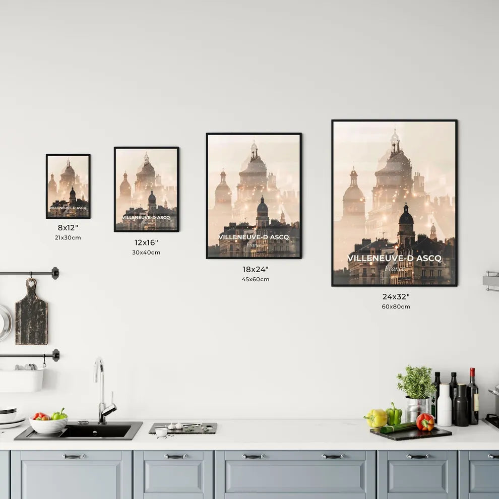 Villeneuve-d Ascq Skyline Art Poster Beige Background - A city with many buildings Size Chart