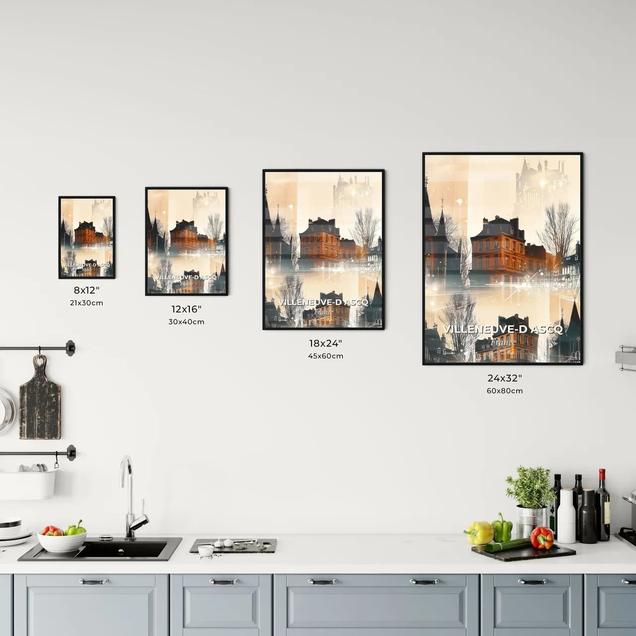 Villeneuve-d Ascq Skyline Urban Silhouette Poster - A group of buildings with trees and buildings in the background Size Chart