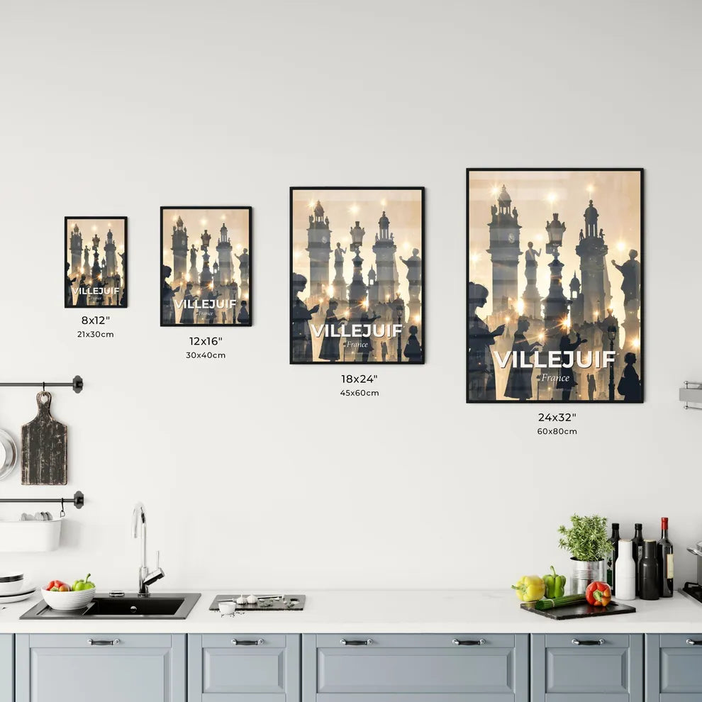 Villejuif Skyline Double Exposure Composite Art Poster - A silhouettes of people standing on a city street Size Chart
