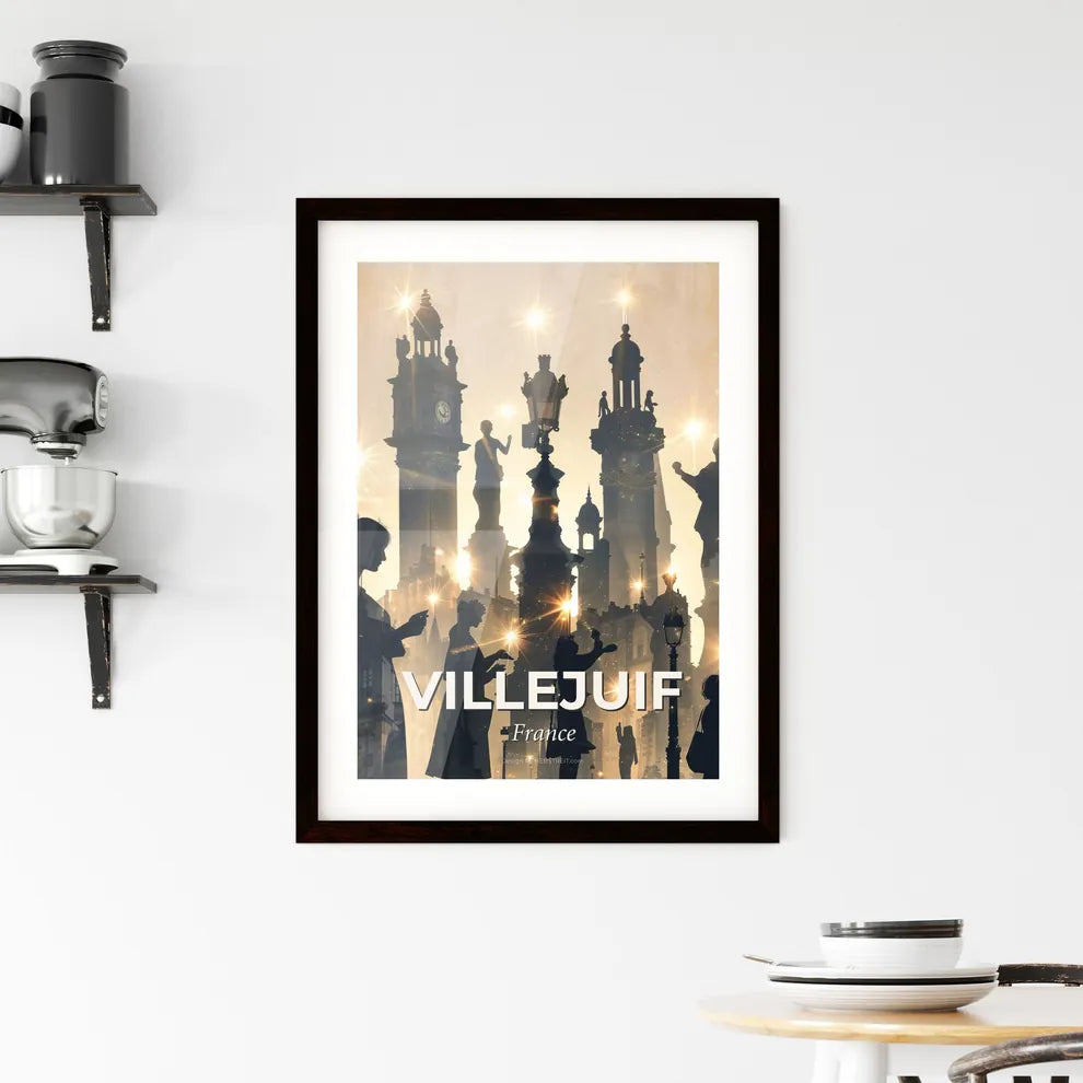 Villejuif Skyline Double Exposure Composite Art Poster - A silhouettes of people standing on a city street Custom Print