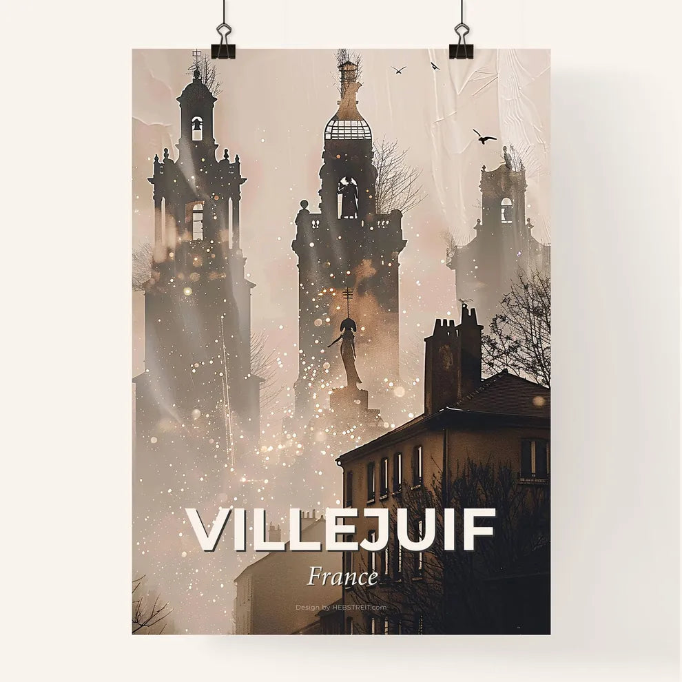Villejuif Skyline Art: Double Exposure Cityscape - A building with a statue and a statue in the middle Poster