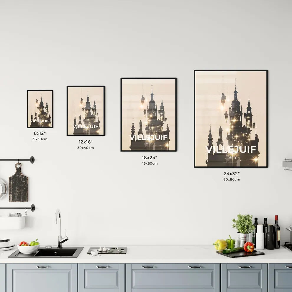 Villejuif Skyline Double Exposure Art Poster - A silhouette of a building with a person jumping off the top Size Chart