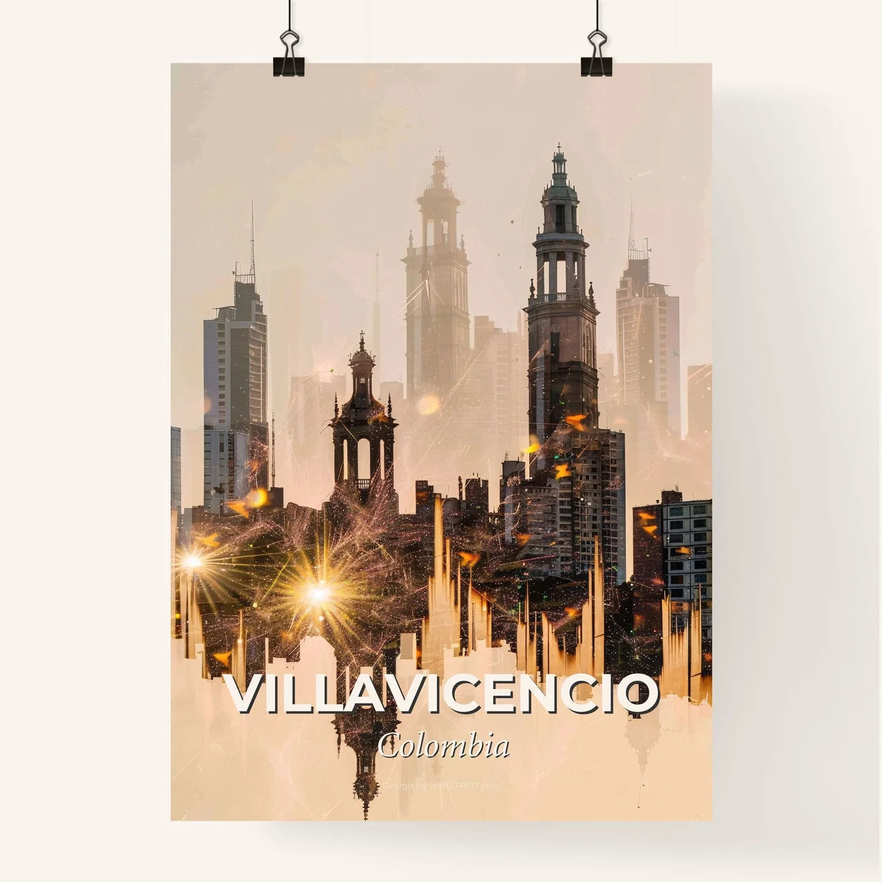 Villavicencio Skyline Double Exposure Art - A city skyline with many tall buildings Poster