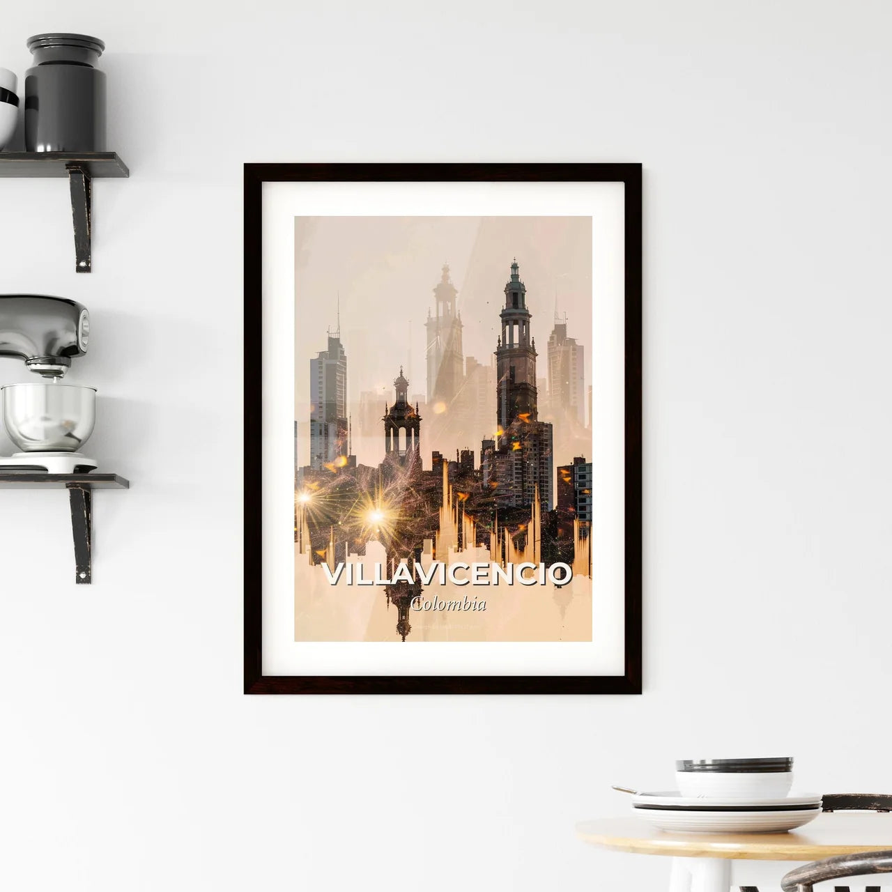 Villavicencio Skyline Double Exposure Art - A city skyline with many tall buildings Custom Print
