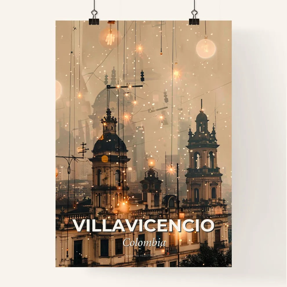 Villavicencio Skyline Cityscape Composite Art - A building with lights from wires Poster