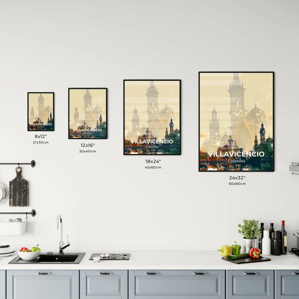 Villavicencio City Skyline Composite Art, Bright Beige Background - A city with a tall building Size Chart