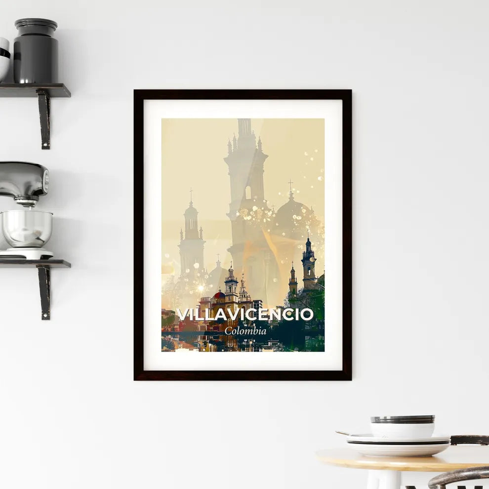 Villavicencio City Skyline Composite Art, Bright Beige Background - A city with a tall building Custom Print