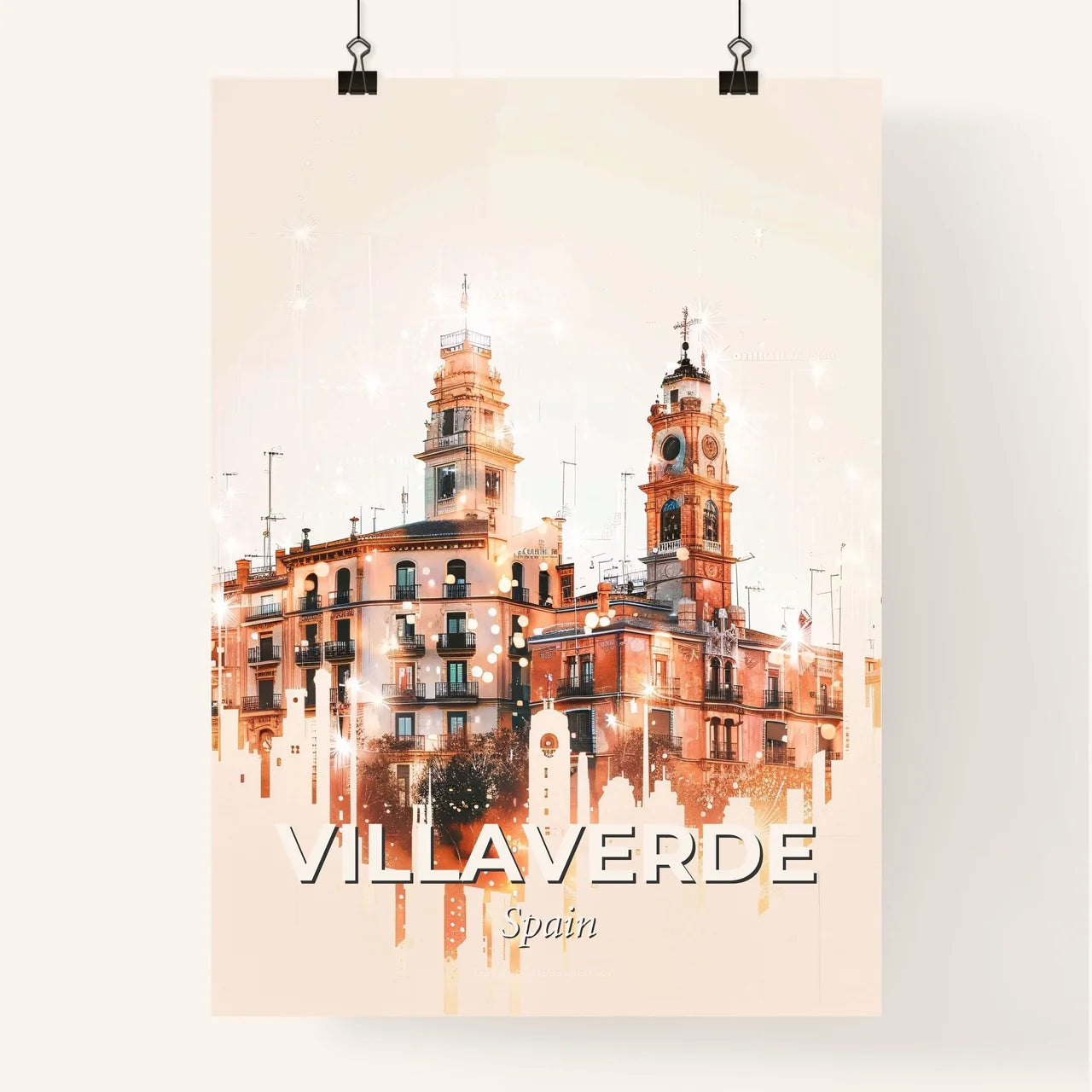 Villaverde: Cityscape Canvas of History and Dreams - A building with towers and a clock tower Poster