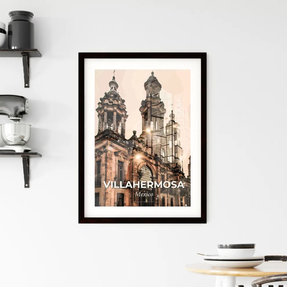 Villahermosa Cityscape: Enchanting Lights and City Icons - A building with a large tower Custom Print