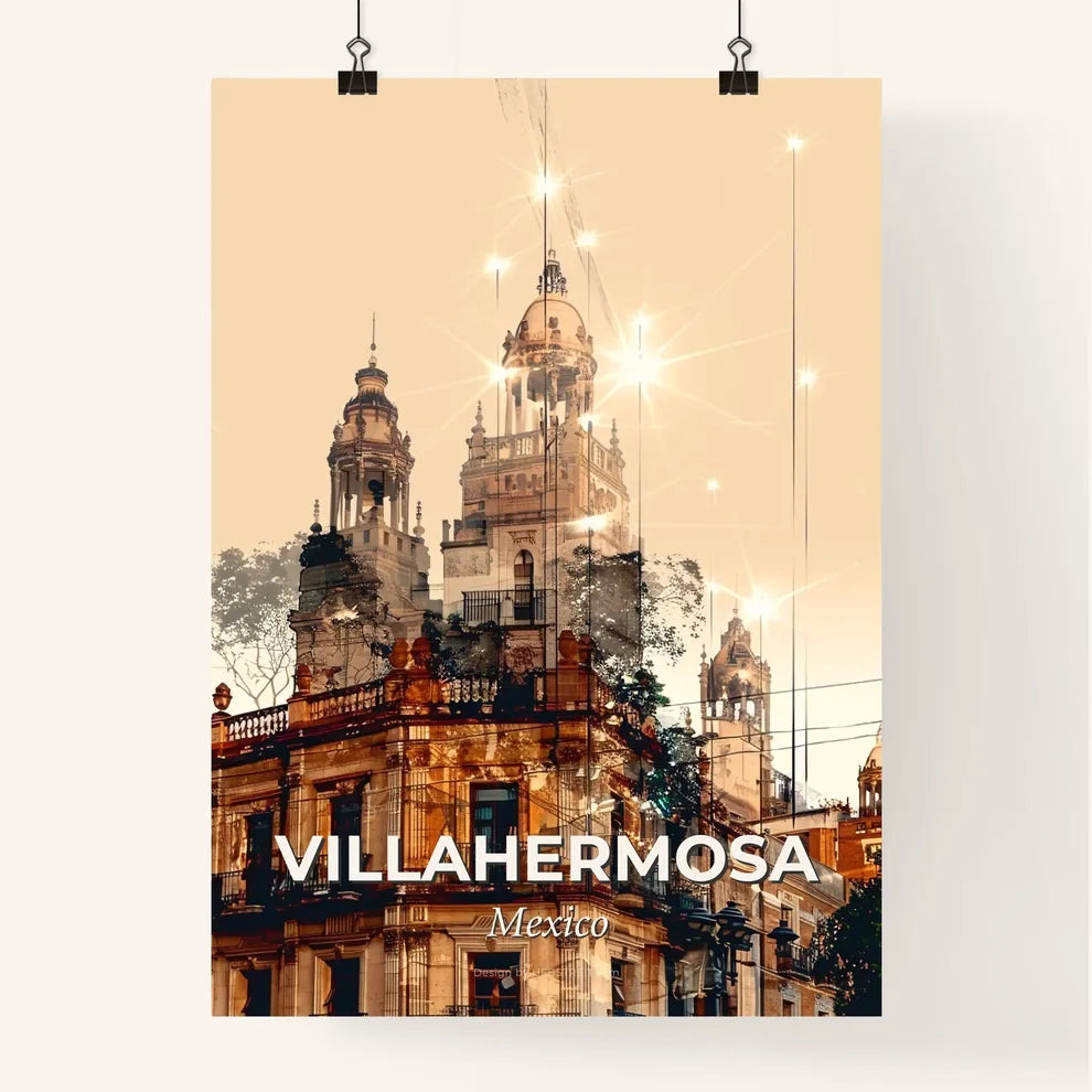 Villahermosa City Skyline Double Exposure - A building with a tower and trees Poster