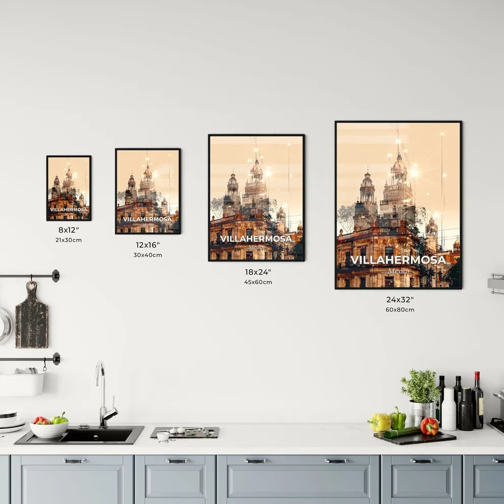 Villahermosa City Skyline Double Exposure - A building with a tower and trees Size Chart