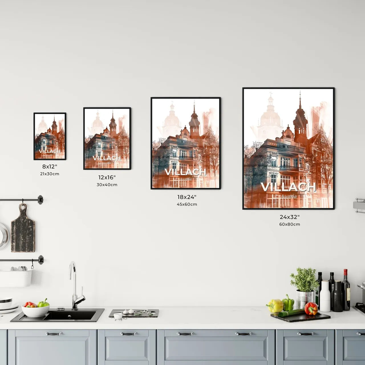 Villach Skyline Silhouette Art Composite - A building with a tower and trees Size Chart