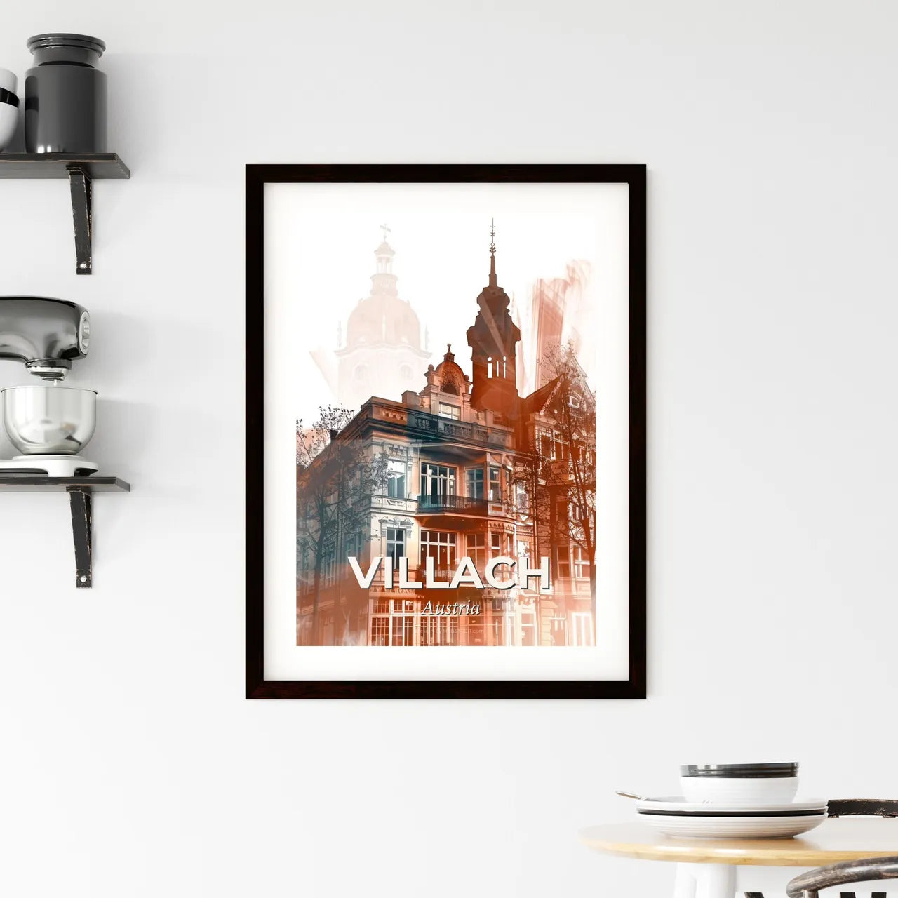 Villach Skyline Silhouette Art Composite - A building with a tower and trees Custom Print
