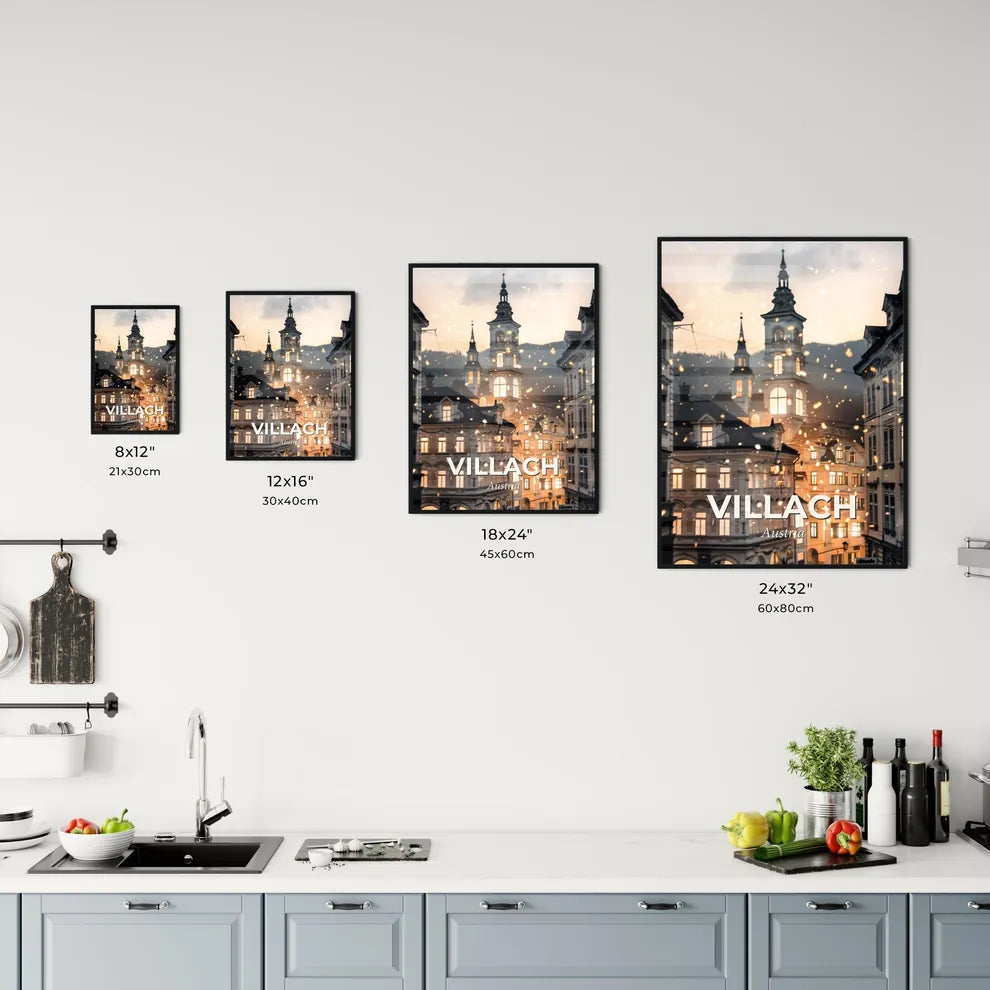 Villach Skyline Art: Iconic Silhouette Poster - A building with a tower and many windows Size Chart
