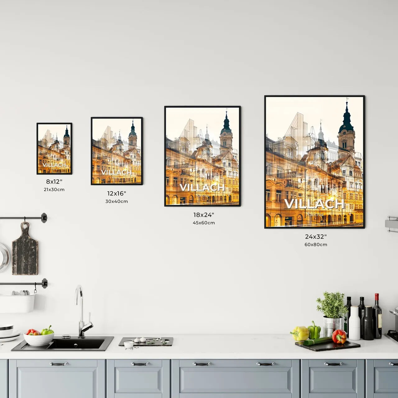 Villach Skyline Landmarks Double Exposure Poster - A building with a tower and a building with a tower Size Chart