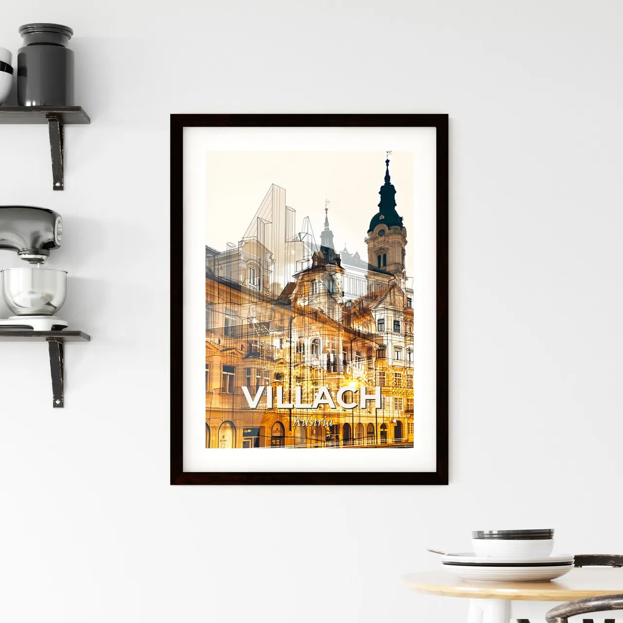 Villach Skyline Landmarks Double Exposure Poster - A building with a tower and a building with a tower Custom Print