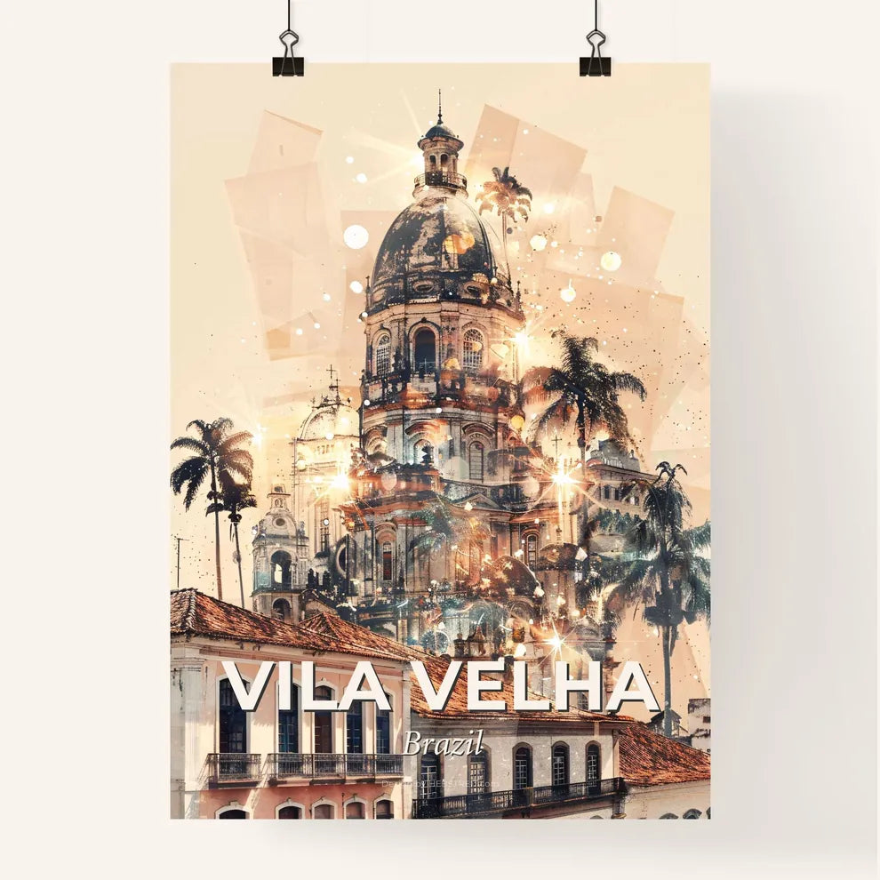 Vila Velha: Skyline and Icons Double Exposure Art - A building with a dome and palm trees Poster