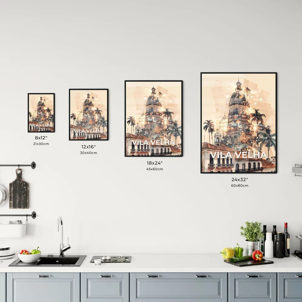 Vila Velha: Skyline and Icons Double Exposure Art - A building with a dome and palm trees Size Chart