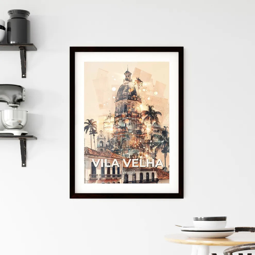 Vila Velha: Skyline and Icons Double Exposure Art - A building with a dome and palm trees Custom Print