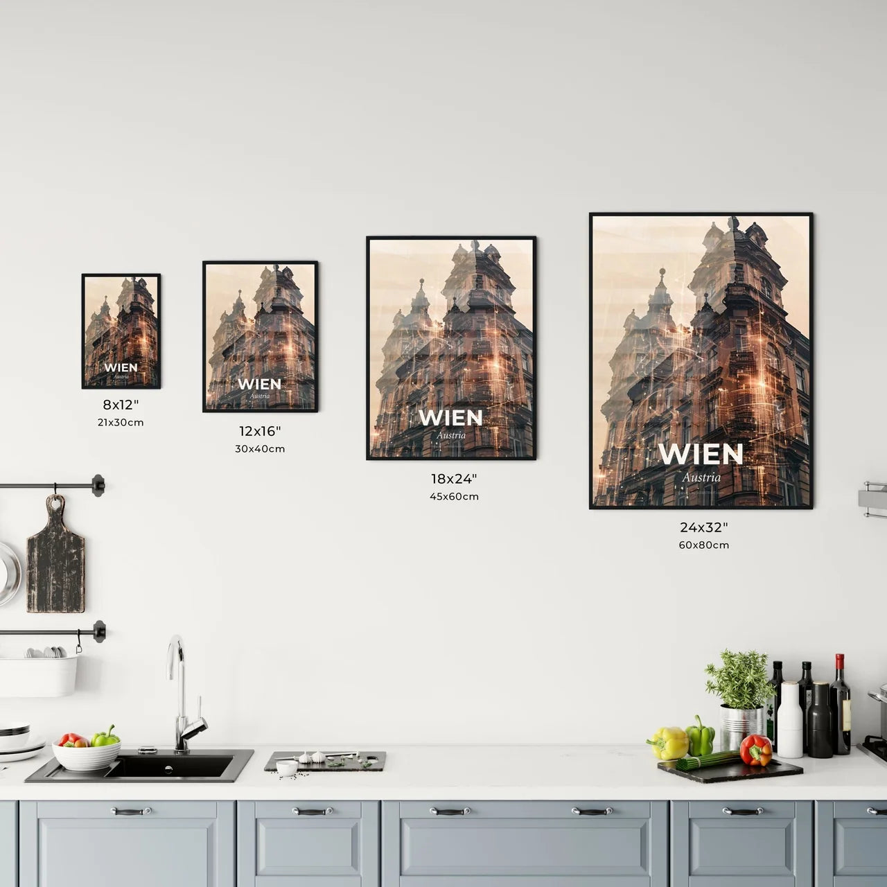 Vienna Skyline Silhouette Composite Art Poster - A double exposure of a building Size Chart